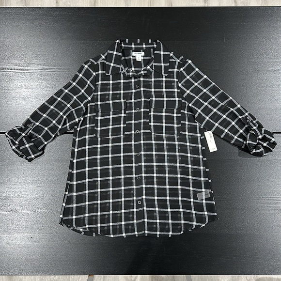 Old Navy Sheer Plaid Long Sleeve Button Up Collar Top - S - Picture 2 of 7